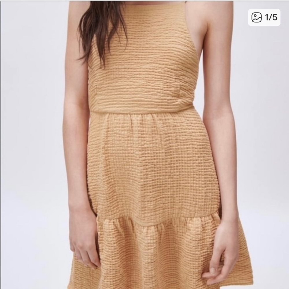 Zara Textured Tan cotton Mini Dress With Tie Back NWT